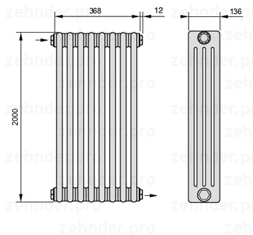 Схема (чертеж) Радиатор Zehnder Charleston 4200/8 №1670 Белый глянцевый RAL 9016